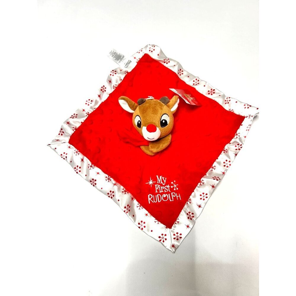 Christmas Snuggle Baby Blanket with attached Rudolf toy rattle 12 inch